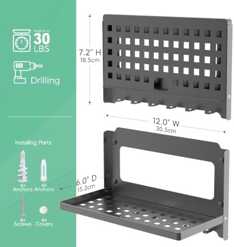 Router Shelf with Hooks & Magnetic Catch - Wall Mount Folding Shelf