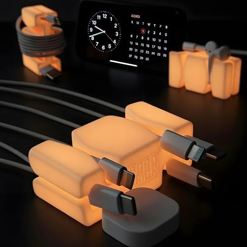 CordBrick Glowing Silicone + Steel Weighted Cable Holder for Nighstand, Cord Wrap for Travel, Unique iPhone Accessory. S