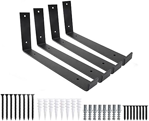 Shelf Brackets 4 Pack Heavy Duty Floating 12.0" L x 6.0" H x 1.5" W (Fits: 11.25" Board) Black Metal Shelves Wall Mounte