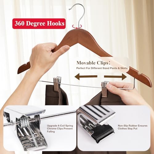 Wooden Hangers with Clips 24 Pack Wooden Pants Hangers,Skirt Hangers with Clips,Adjustable Heavy Duty Clip Hangers,Hangers for Pants,Jeans,Slacks,Shorts （Walunt）