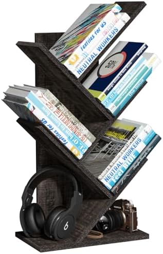 SHEEPAM Small Tree Book Shelf,5 Tier Bookshelf, Wood Desktop Bookcase