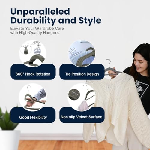 20 Pack Velvet Coat Hangers – Non Slip Velvet Hangers for Clothes, Space Saving Adult Hangers with Tie Organizer & Swivel Hooks – Clothes Hangers Wardrobe Storage - Grey