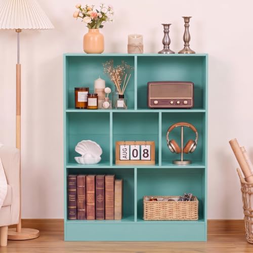 YAHARBO 3 Tier 7 Cube Mini Thin Bookshelf, Short Shallow Bookcase, Green
