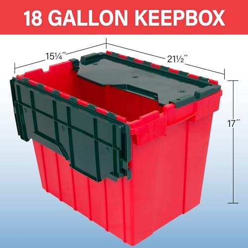 Akro-Mils KeepBox 18 Gal Storage Box, Lid Attached, Stackable, Red/Green