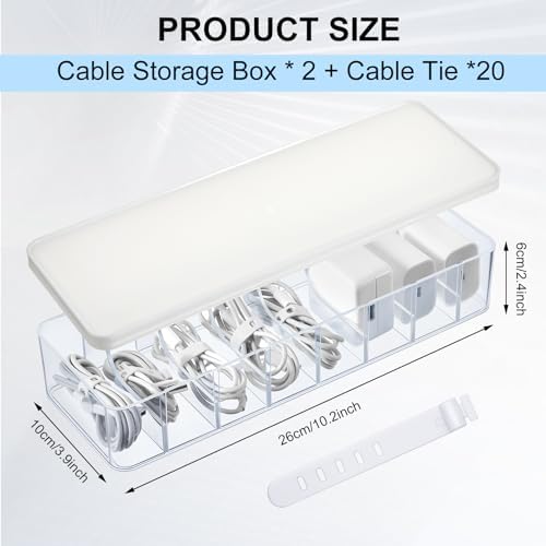 Tatuo Cord Organizer Box with Lid, Clear, White, 2 Pack