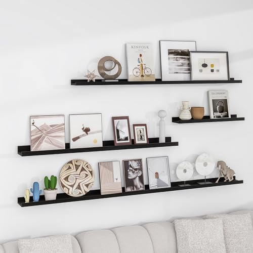 FLYJOE Picture Ledge Shelf, Floating Shelves Set of 2, Solid Ash Wood 72'' Long Large Nursery Book Shelves for Toys Storage, Kids Bookshelf for Living Room Bedroom Decor Books Photo Frames, Black