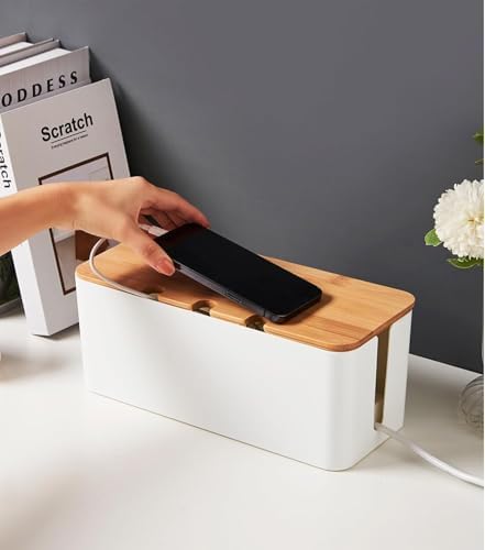 Cable Management Box with Bamboo Lid, Cord Organizer Box to Hide Wires & Power Strips, Extension Cord Power Stripe Surge