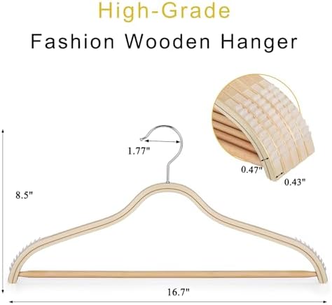 TOPIA HANGER Sleek Wooden Hangers with Non-Slip Rubber Grips, Sweater Hangers No Shoulder Bump, Lightweight Clothes Hangers 10-Pack, 360° Swivel Hook and Pants Bar-CT63N