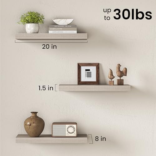 20" Floating Shelves for Wall, Set of 3, 8" Deep, 1.5" Thick, Gray