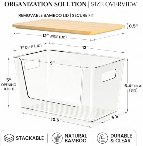 CiWiVOKi 6 Pack Clear Stackable Storage Bins with Bamboo Lids, Trash Bag Holder Dispenser Under Sink Organizer for 4-13 