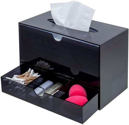 MyGift Premium Black Acrylic Cosmetic Organizer Caddy and Tissue Box Cover with Pull Out Makeup Storage Drawer - Counter