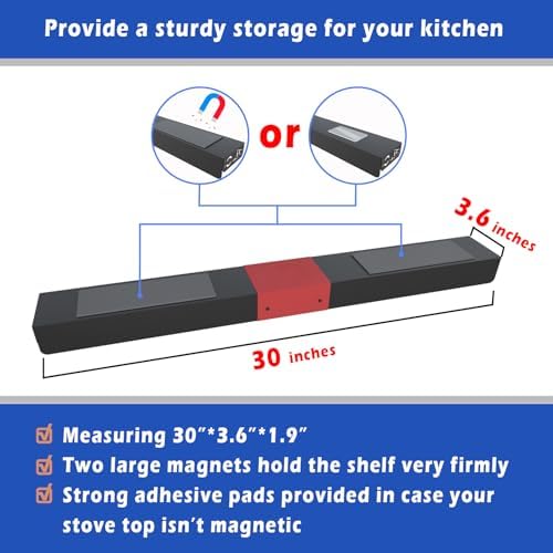 30" Magnetic Stove Top Shelf – Black Spice Rack with Red HOME Design – Seasoning Organizer for Back of Stove – Over Stov
