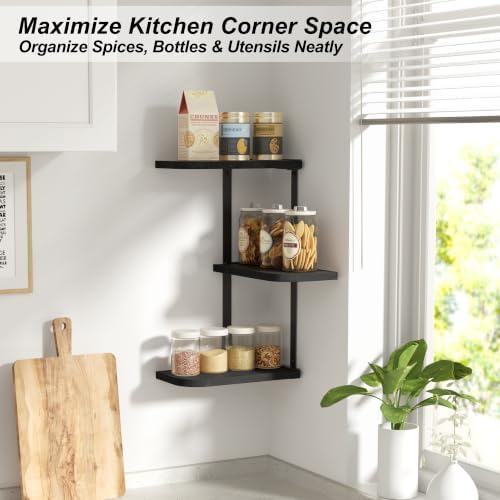 Love-KANKEI Corner Wall Shelf 3 Tier,Solid Wood with Bracket,17" Tall,Black