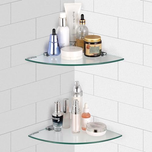 Glass Corner Shower Shelves, Tempered Floating Glass Shelves Wall Mount, Shower Caddy Organizer, Bathroom Corner Shelf w