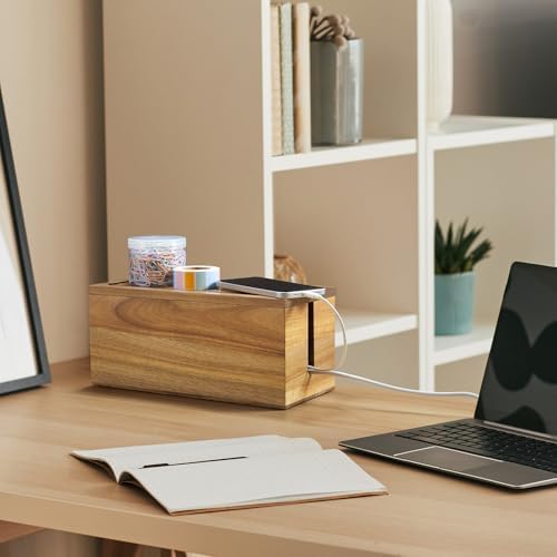 Acacia Wood Cable Management Box - Cable Organizer Box - 2 Open Slots Cords Hider Box - Under Desk Cord Organizer for Po