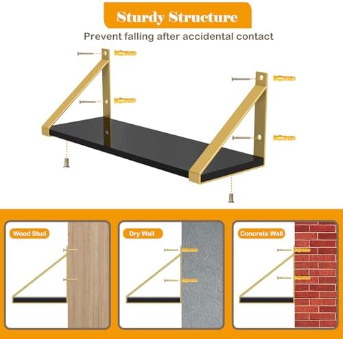 Gold Black Floating Shelves Wall Mounted Set of 2, 8mm Transparent Acrylic, Invisible Wall Shelves for Bedroom, Living R