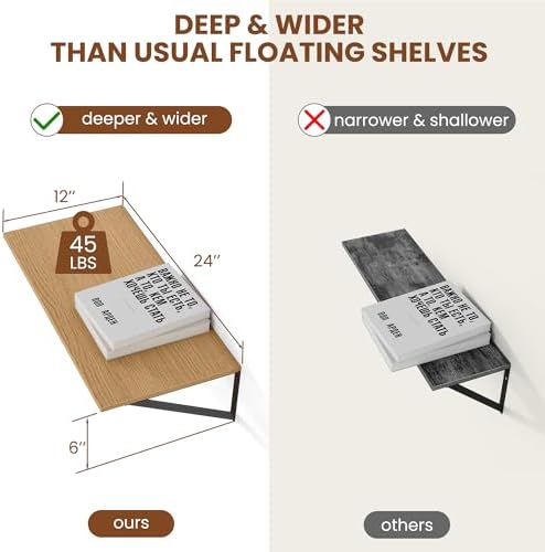 Heimlove 24W x 12D Deep Floating Shelves Set of 2 Oak