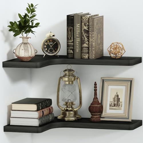 SAUMONIERES Corner Floating Shelves 24 Inch Wall Mount Shelf Solid Wood for Bedroom Bathroom Kitchen Storage Set of 2, B