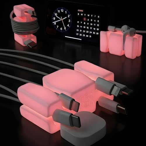 CordBrick 6PK Glowing Silicone + Steel Weighted Cable Holders for Nighstands, Cord Wraps for Travel, Unique iPhone Acces