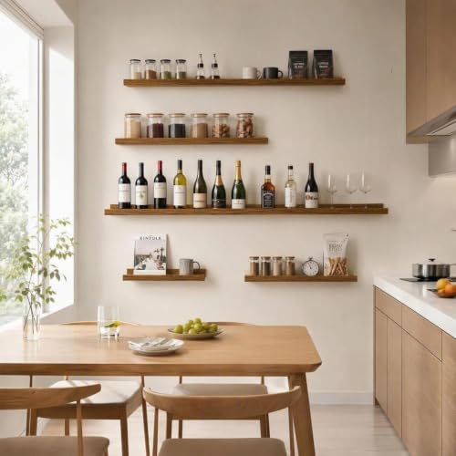 24inch Long Floating Shelves for Wall Decor, 5-Set Shelves with Lip, Brown