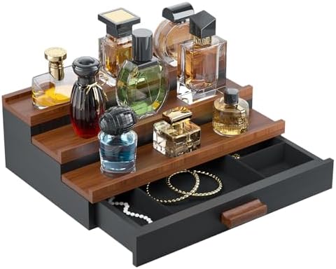 Perfume Cologne Organizer for Men: 3 Tier Wooden Perfumes Stand, Desktop Parfum Holder Wood Display Shelf with Cabinet, 