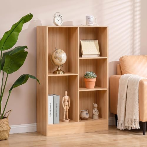 YAHARBB 3 Tier 5 Cube Thin Storage Organizer,Small Shallow Bookcase,Natural