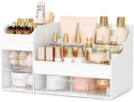 Extra Large Makeup Organizer for Vanity, 3 Drawers and Brush Holder, Countertop Cosmetic Storage for Skincare and Perfum