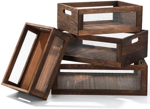 FillTouch 4 Pcs Wooden Nesting Countertop Baskets, Dark Brown, Large