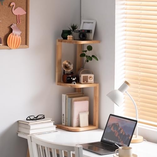 Corner Shelf Stand Desk Organizer,26.8" H Rubberwood Brown Rack for Small Spaces, Bedroom,Home Office,Kitchen,Bathroom (