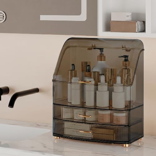 Makeup Organizer Countertop Vanity with Transparent Lid Drawers Waterproof Dustproof Cosmetic Skincare Bathroom Storage 