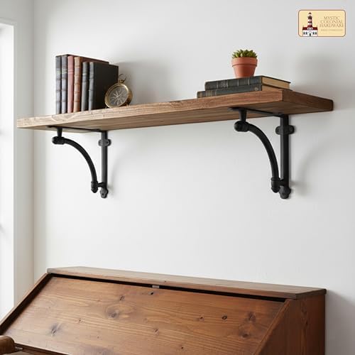 Mystic Colonial Cast Iron Shelf Brackets, Industrial Pipe Style Decorative Wall Shelf Supports, 9.25 x 9.37 Inch, Black 