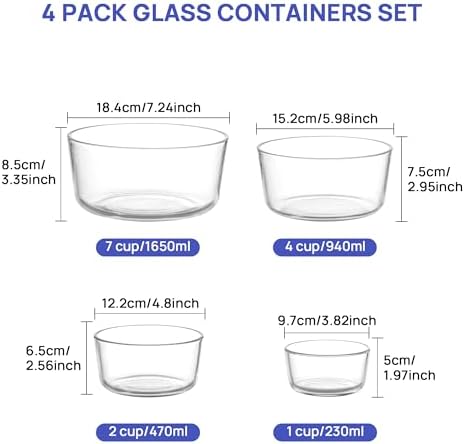 Vtopmart 4 Pack Glass Bowls with Lids (1, 2, 4, 7 Cup)