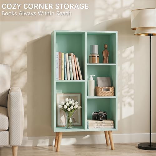 YAHARBO Small Green Bookshelf,3 Tier Modern Kids Bookcase with Legs,5 Cube Wooden Bookshelves Storage Shelf,Book Shelves