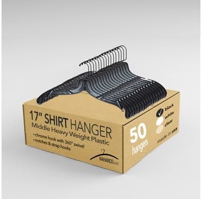 NAHANCO 17” Black Mid-Heavyweight Plastic Hanger, Black Hook, 50 Pack