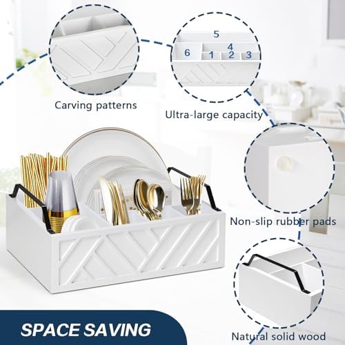 Ukonvi Paper Plate Dispenser and Holder for Kitchen Counter, Wood Rustic Silverware Utensil Caddy, Cutlery Flatware Orga