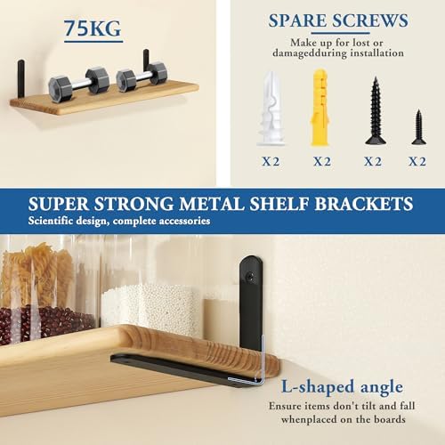 Mooche Black Shelf Brackets, Heavy Duty Floating Shelf Bracket for Wood Shelves, Wall Mounted Metal L Brackets, Wall She