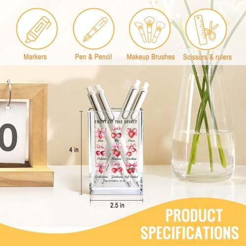 Fruit of The Spirit Acrylic Cosmetic Pencil Pen Holder Cup, Christian Faith-Based Gifts for Mom Grandma Aunt Daughter Women, Spiritual Growth Gifts for Colleague Coworker Boss Leader Lady