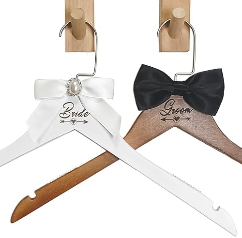 2 Pcs Bride Hanger for Wedding Dress Wooden Groom Suit and Gown Non-Slip Hangers with Bow Tie Personalized Bridal Party 