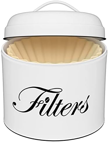 Coffee Filter Holder, White Basket Coffee Filter Storage with Lid, Round CoffeeFilter Container for Counter, Rustic Farm