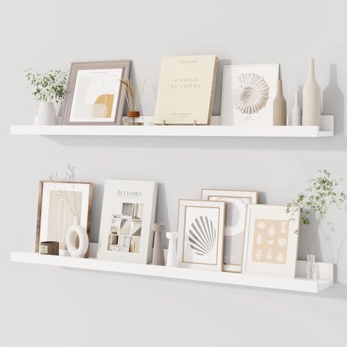 Dreamland Picture Ledge Shelf for Wall, Floating Shelves Set of 2, 36 Inch Long Floating Shelves with Lip for Living Room, Bedroom, Bathroom, Kitchen, White
