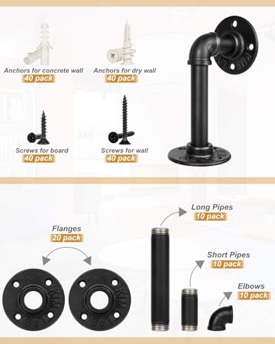 LuckIn 10 Pack Pipe Shelf Brackets for DIY 8 10 12 14 Inch Floating Shelves, Industrial Style, Matte Black