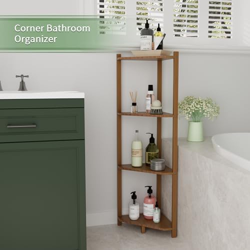 Wisuce Bamboo Small Corner Shelf Stand, 4-Tier Brown Corner Bookshelf