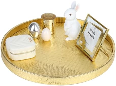 HofferRuffer Round Serving Tray 20'', Elegant Faux Leather Circle Ottoman Table Tray, Serve Tea Coffee Breakfast in Bedr