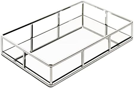 JollyCaper Silver Mirror Vanity Tray, Rectangle 12x8x2 Inches - Jewelry, Perfume, Makeup Organizer - Decorative Metal Tr