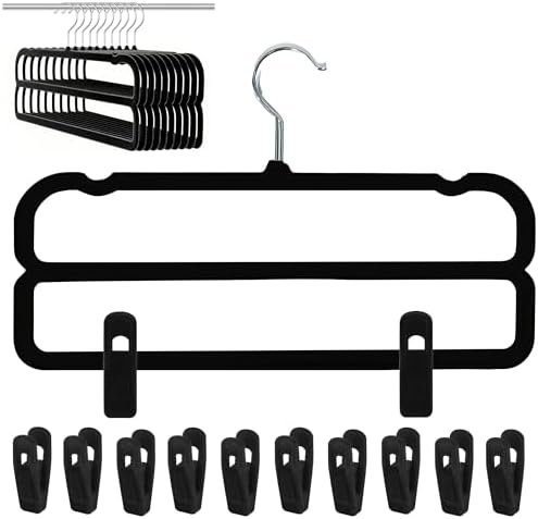 WJWSKI Velvet Pants Hangers with Double Non Slip Bar - with Adjustable Clips- Thin Space Saving Clothes Hanger - 360° Swivel Felt Trouser Hanger Perchas Terciopelo 10 Pack (Black)