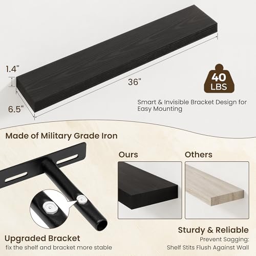 Axeman 36Inch Floating Shelves for Wall, 2 Packs, Invisible Brackets, Black
