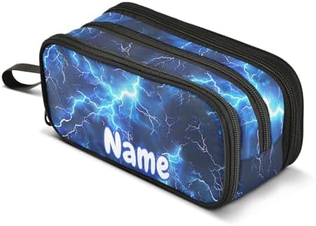 Custom Blue Electric Lightning Pencil Case Box Boys Girls Personalized Name Large Pencil Pouch Stationery Pen Bag Organizer for Kids Adults School Office