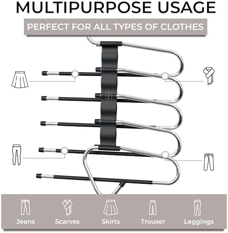 MORALVE Pants Hangers Space Saving - 4 Pack - Non-Slip Multi-Layer Space Saving Hangers - Multifunctional Clothing Rack for Closet Storage - Ideal for Jeans, Trousers, Skirts, Scarves & Slacks (Black)