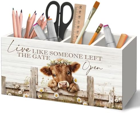 Farmhouse Highland Cow Pen Holder Organizer for Desk Accessories