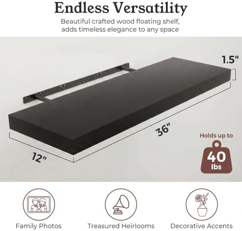 36" Black Floating Shelves 12inch Deep Wall Shelf, Set of 2